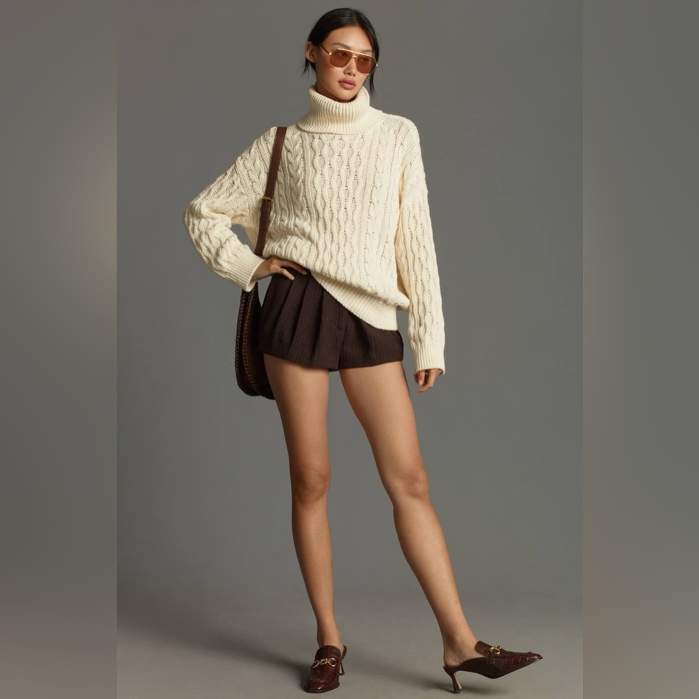 Anthropologie Pilcro Oversized Cable Knit Turtleneck Cream Cottagecore Cozy S